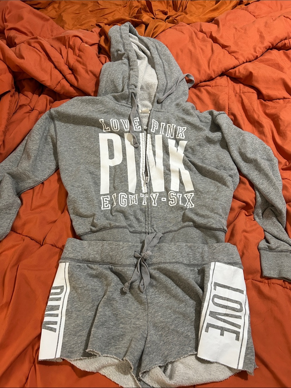 PINK Grey Drawstring Hoodie & Shorts Set with White Logo